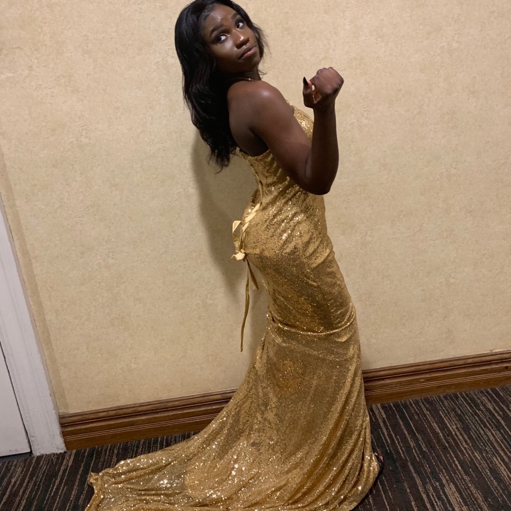 Gold lace up prom dress